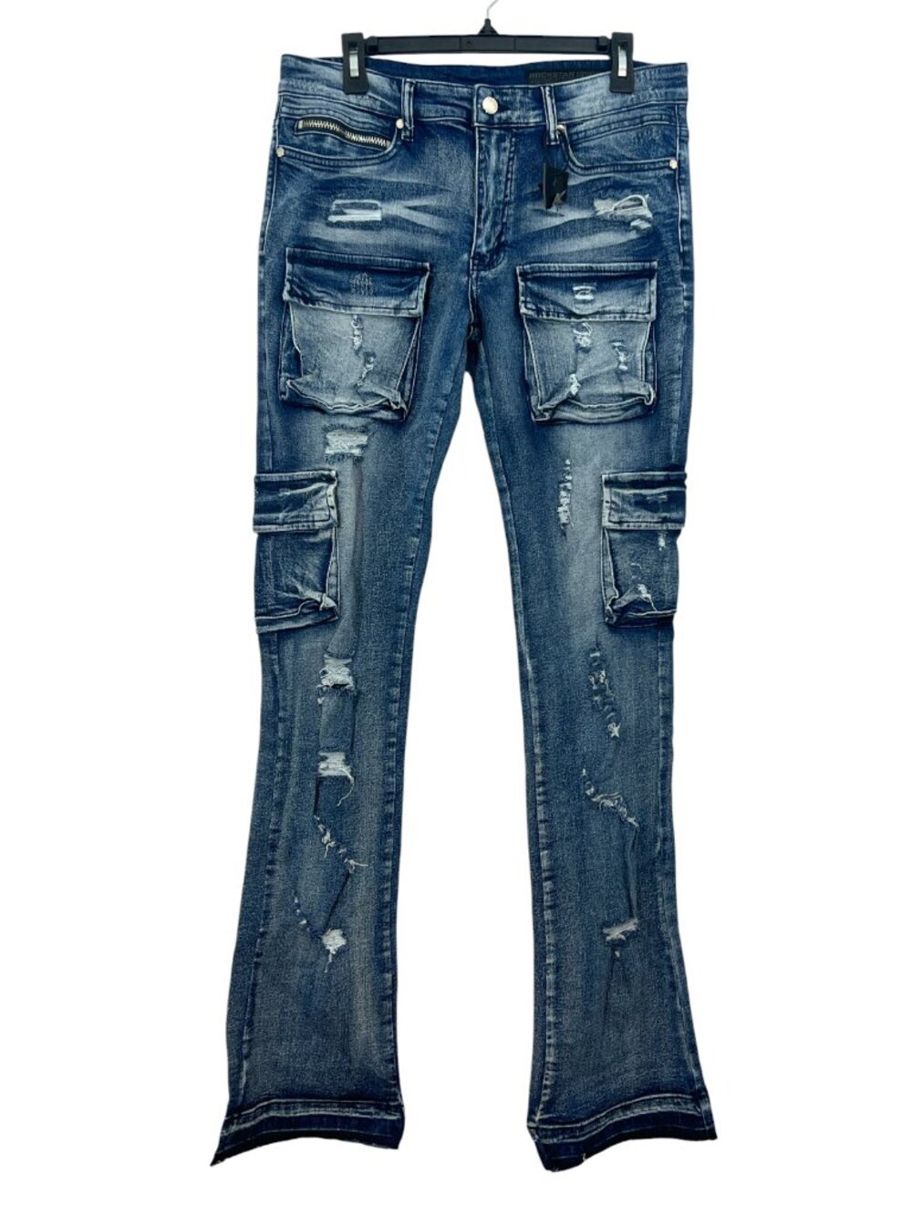 Rockstar Originals Cargo Distressed Flare Jeans Size 32 New w/ Cut Tag Blue